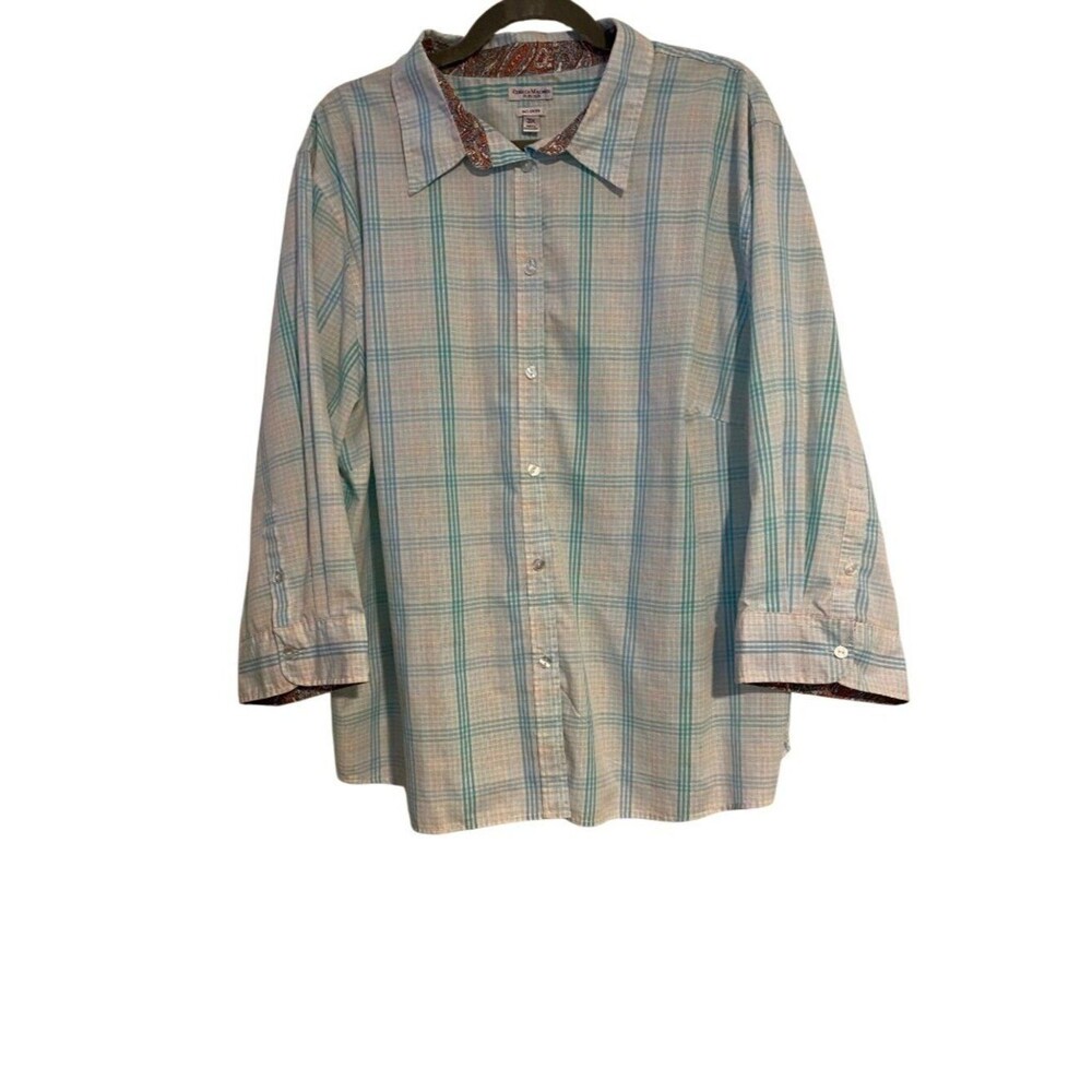 Rebecca Malone Women's Plus 3X Green White No Iron Plaid Button Up Shirt Casual